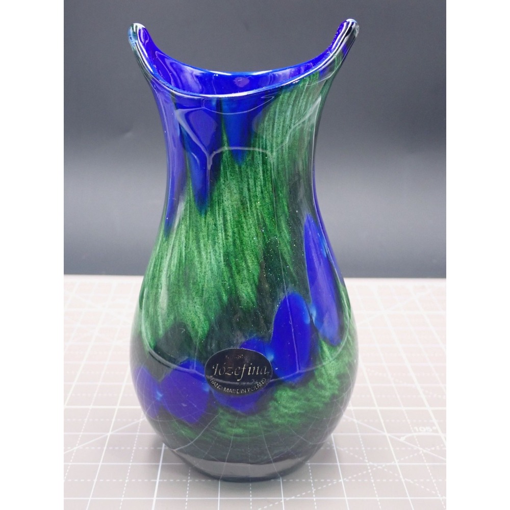 Vintage Jozefina Krosno Vase Green Blue Hand Blown Art Glass Poland 7.5"